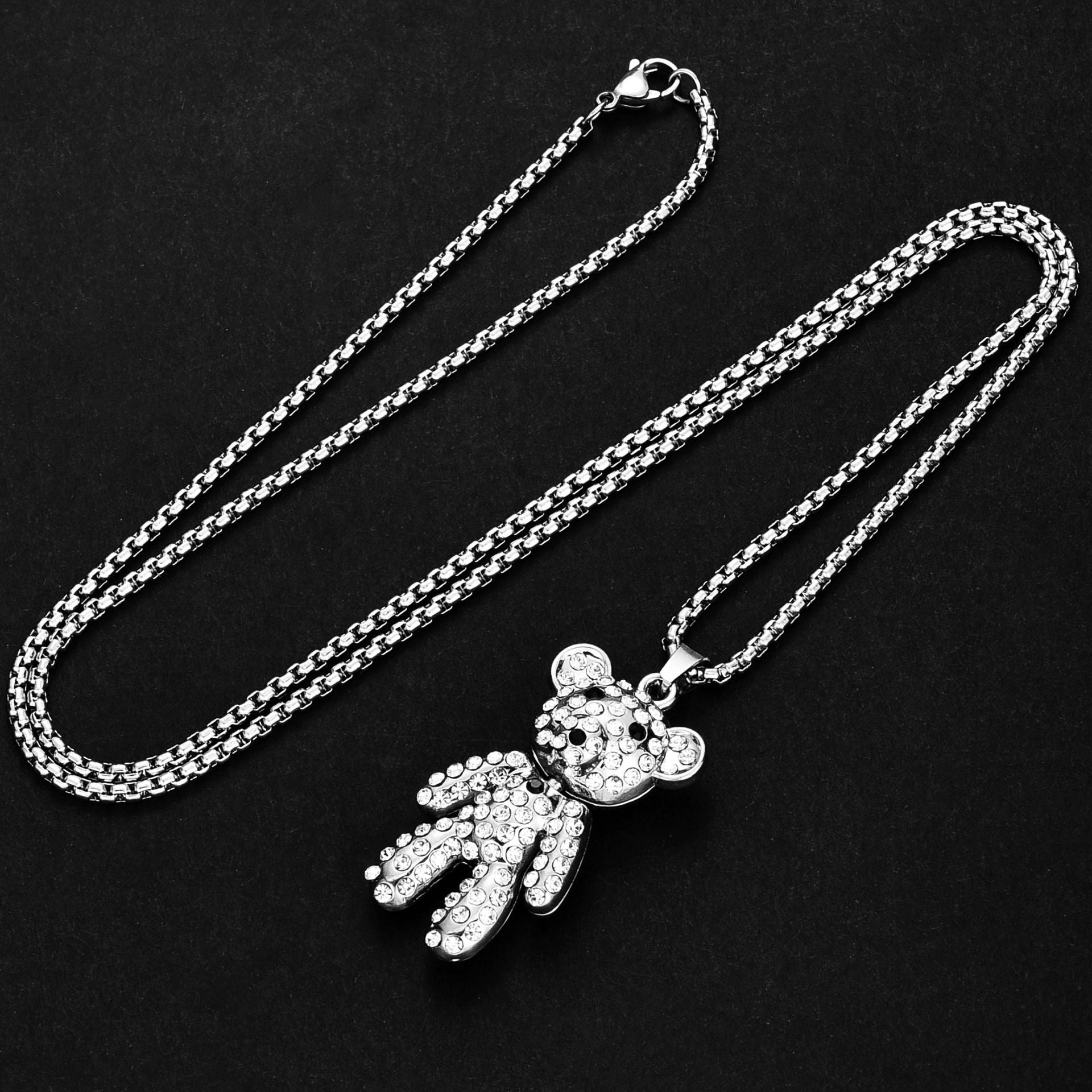 Wholesale titanium steel cute diamond Bear hip hop long sweater chain necklaces