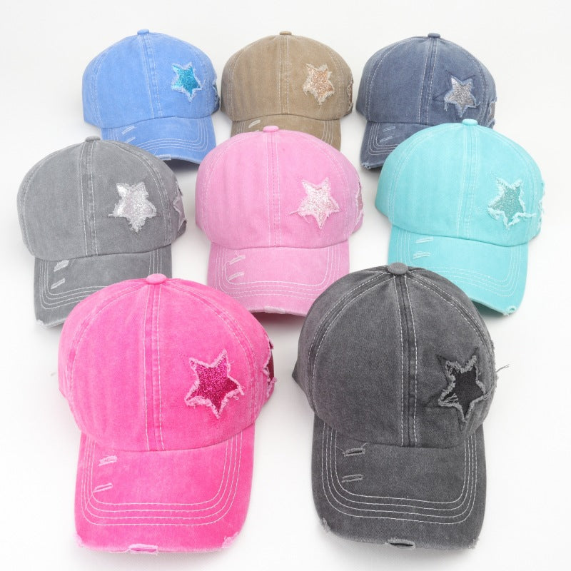 Wholesale  five-pointed star sequined ponytail ripped baseball cap