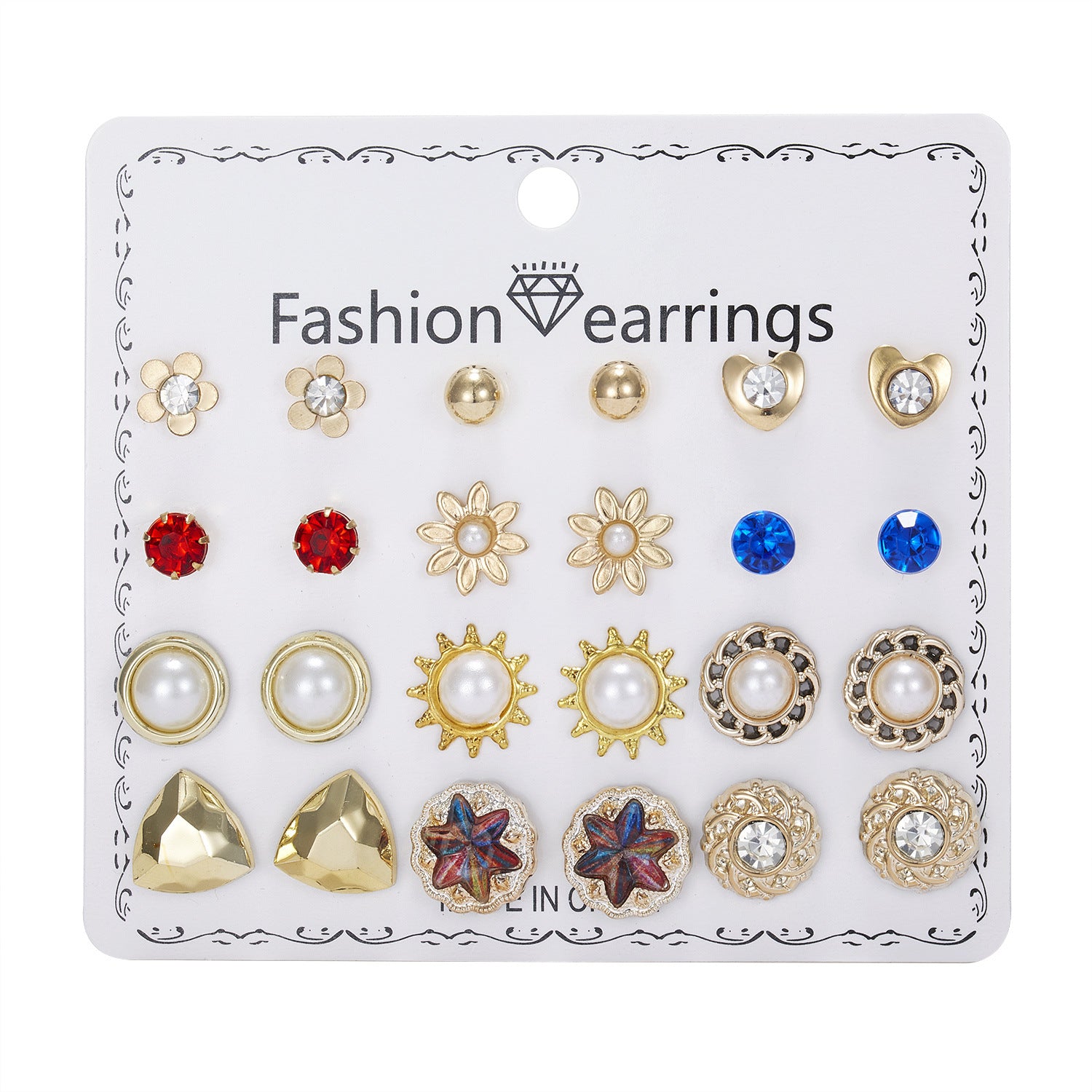 Wholesale 12pcs/set Pearl Rhinestone gold ball combination card earrings set