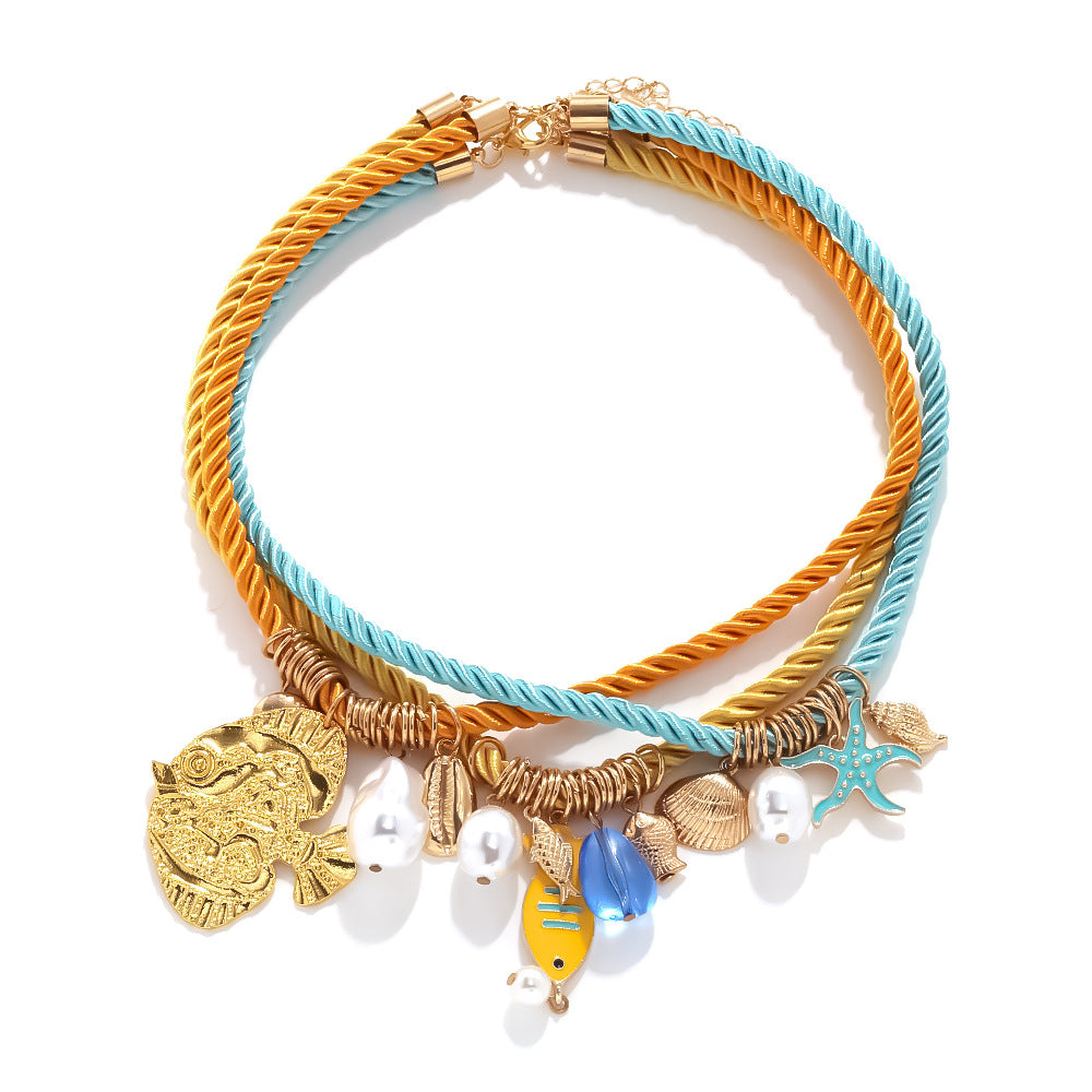 Wholesale  Ocean Style Stacked Fish,Starfish and Shell Pendant Set Necklace