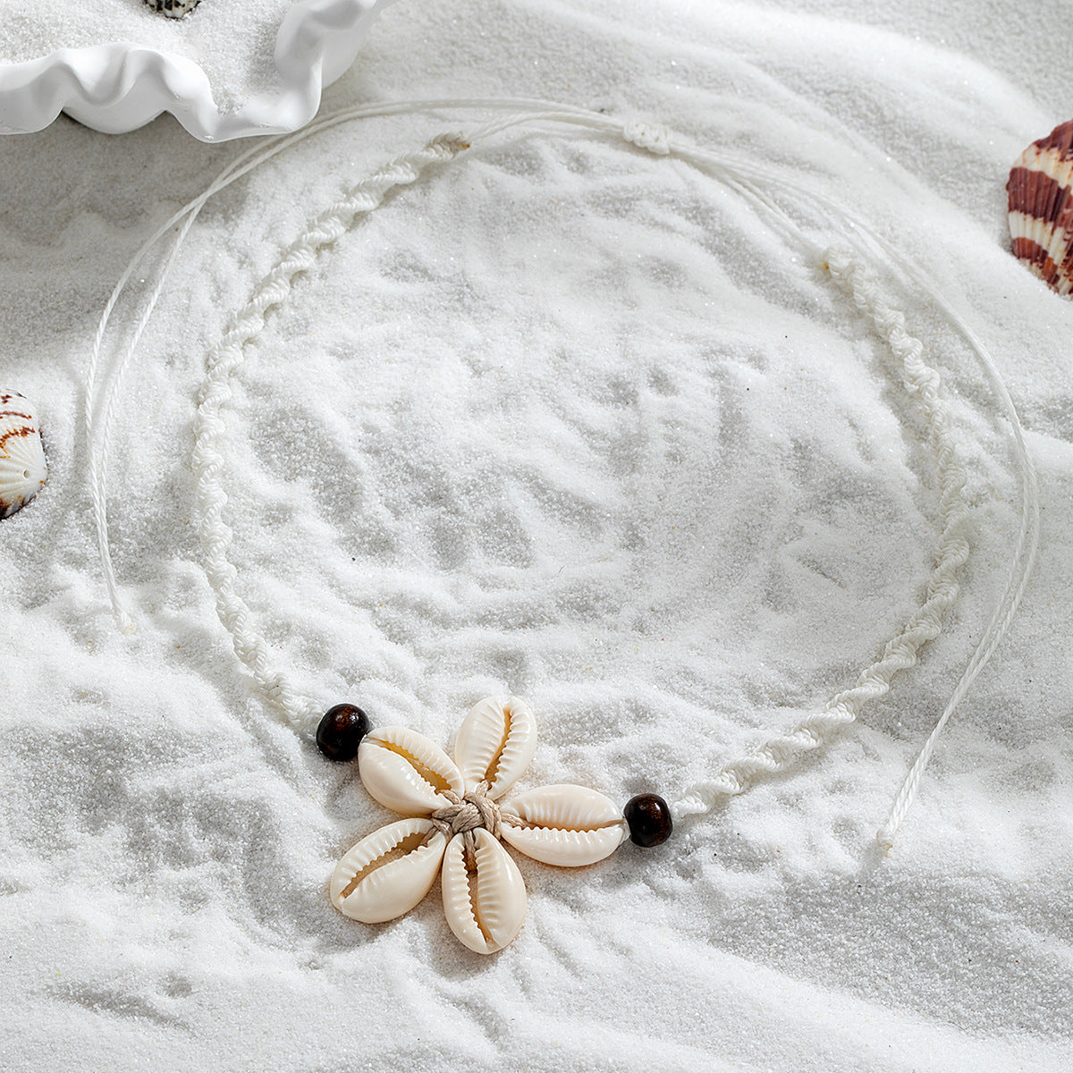 Wholesale Bohemian  shell woven flower wooden beads rope adjustable women's necklace