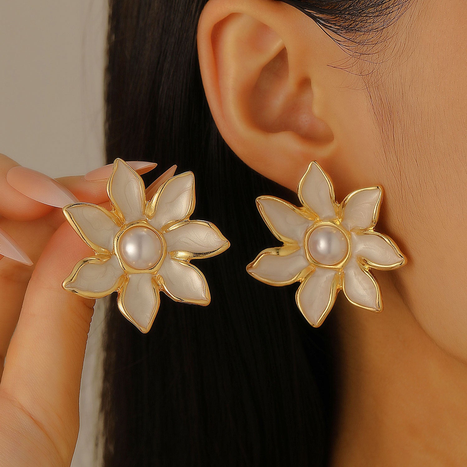 Wholesale Stylish Flower Earrings For Women Double Layer Petal Colorful Dripping Oil Zinc Alloy Everyday Jewelry Accessory