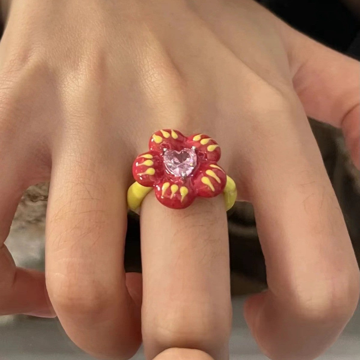 Wholesale  pink love zircon flower drop glaze ring