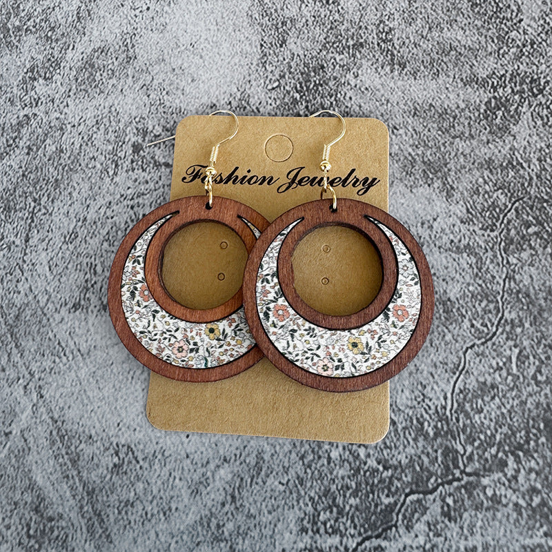Wholesale Floral wooden earrings sunflower double ring inlaid earrings