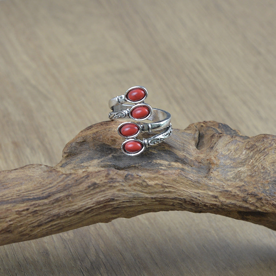 Wholesale Trendy Antique Silver Geometric Ring With Red Turquoise Distressed Ethnic Open Adjustable Band Unisex Fashion Accessory For Resale