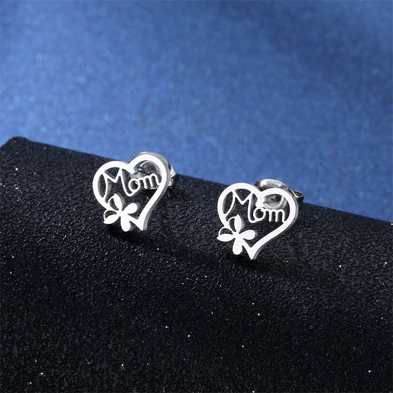Wholesale Heart Shaped MOM Stainless Steel Earrings Necklace Set Mother's Day ACC-ES-MinM025