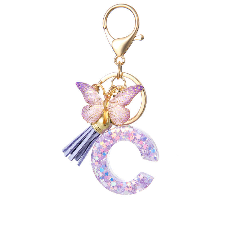 Wholesale Purple Star Tassel Resin Keychain 26 English Letters Bag Charm For Women Students Fashion Decorative Accessory