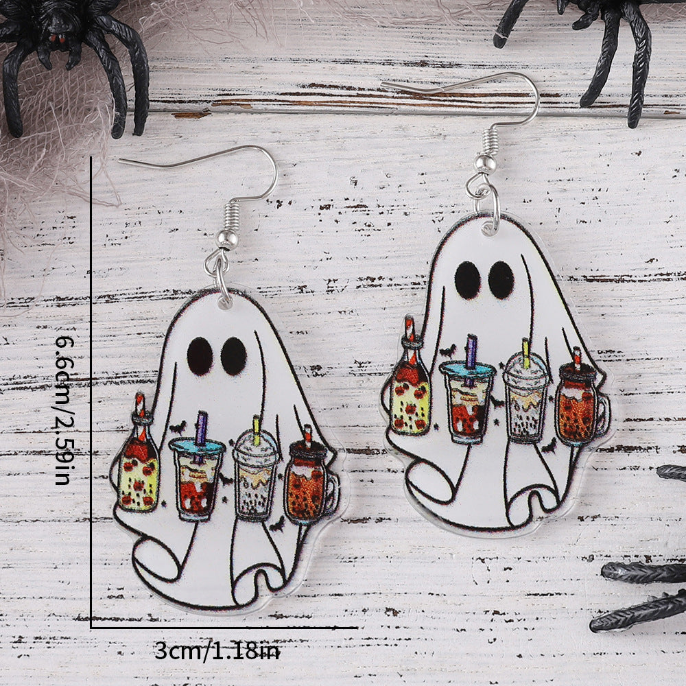 Wholesale Halloween Cute Ghost Coffee Cup Pendant Acrylic Earrings