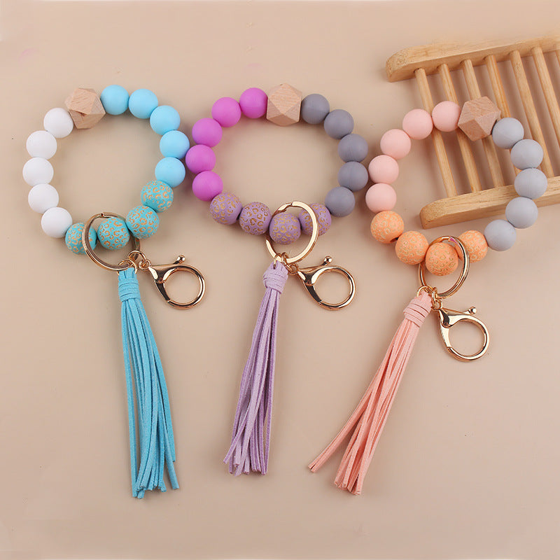 Wholesale Leopard Print Silicone Beads Tassel Wrist Keychain Wristlet Keychain ACC-KC-GuangTian046