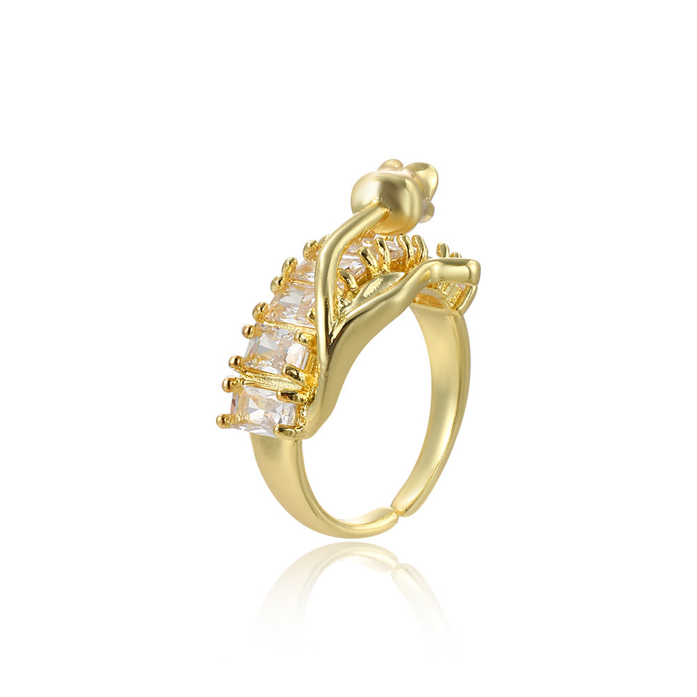 Wholesale Rose copper-plated stepped cubic zirconia open ring