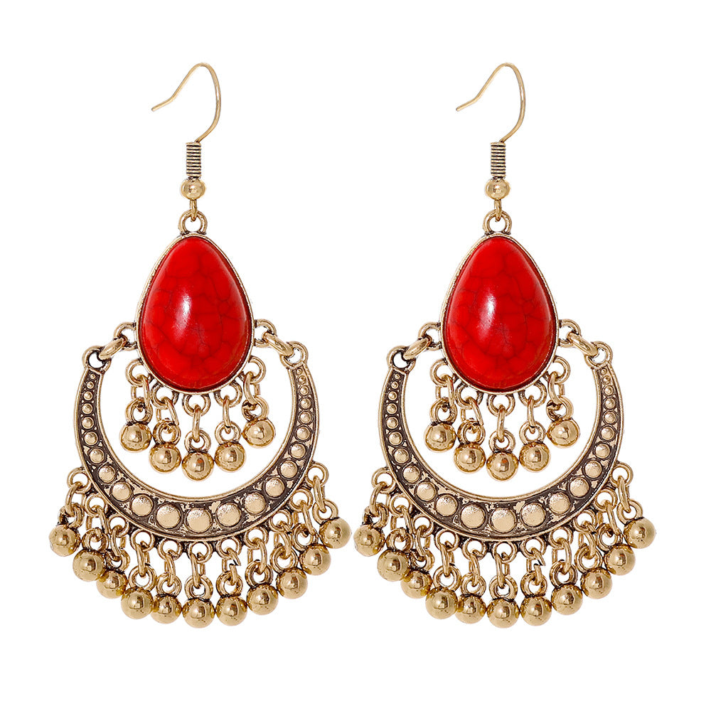 Wholesale French Retro Ethnic Style Red Rice Bead Round Earrings Alloy Dripping Oil Finish Everyday Wear Gift