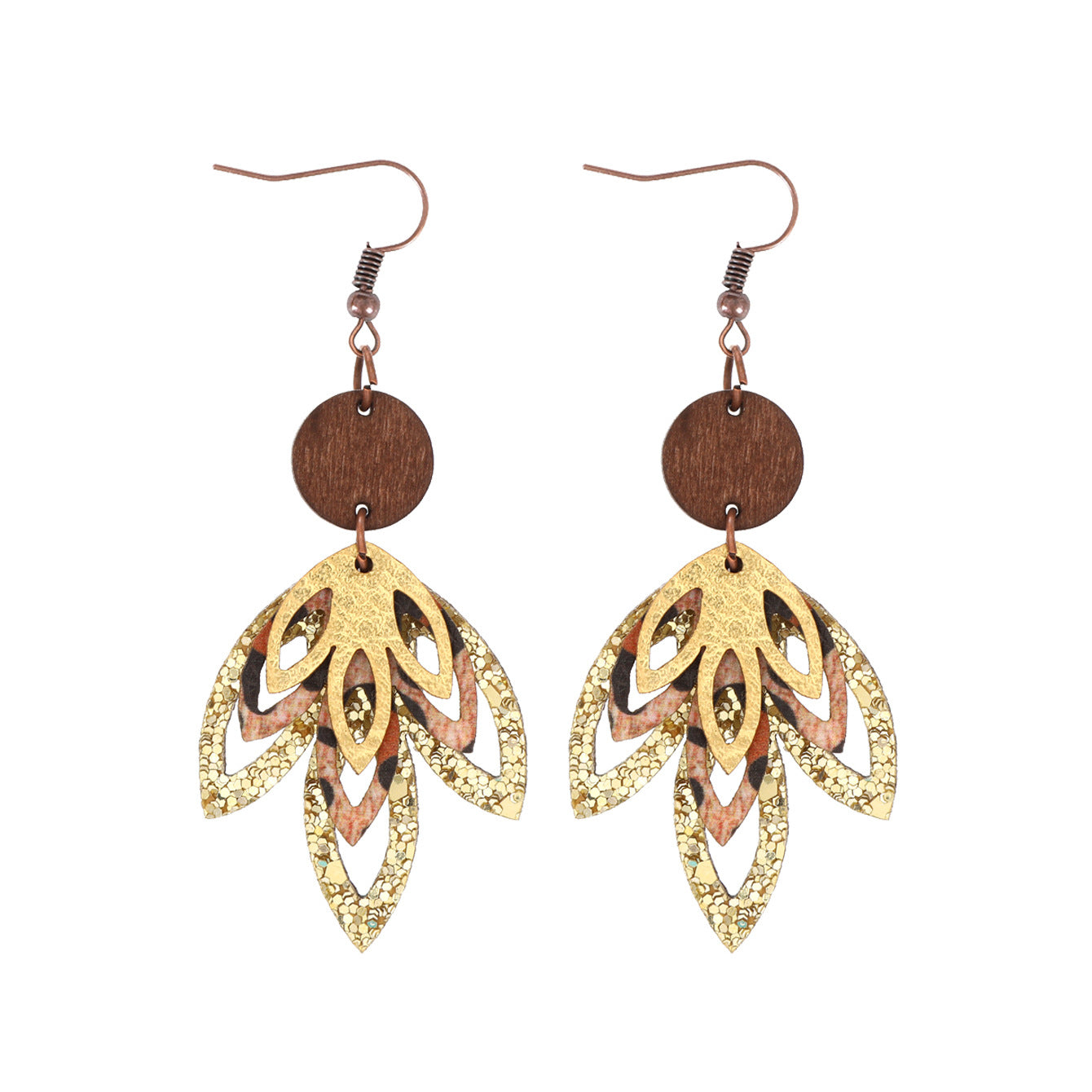 Wholesale  three-layer maple leaf shape super flash sequins fashion leather earrings