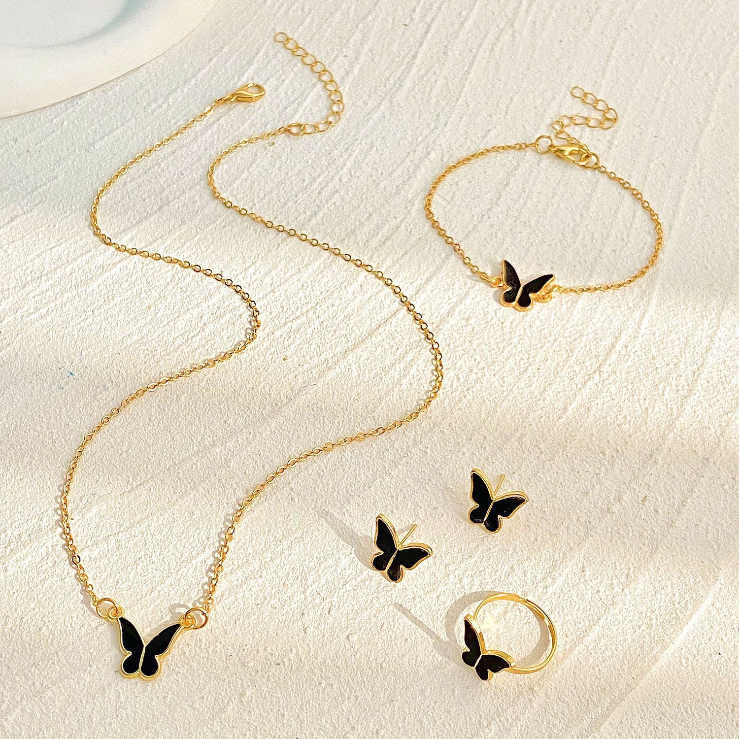Wholesale Butterfly Jewelry Set Black Oil Drop Butterfly Necklace Earrings Ring Bracelet ACC-NE-meih004
