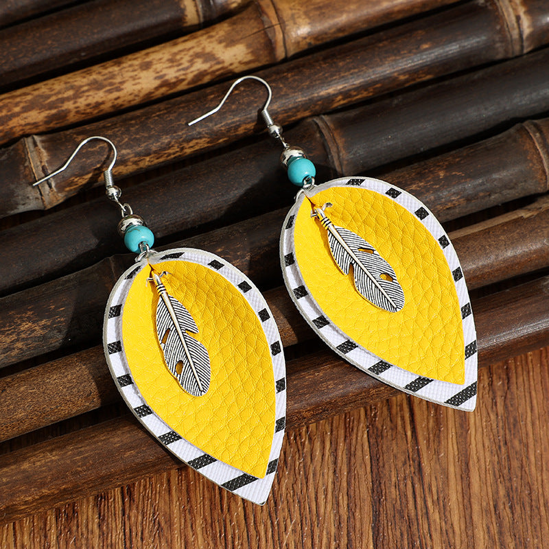 Wholesale Bohemian-Style Bright Yellow Color-Block Striped Leather Earrings