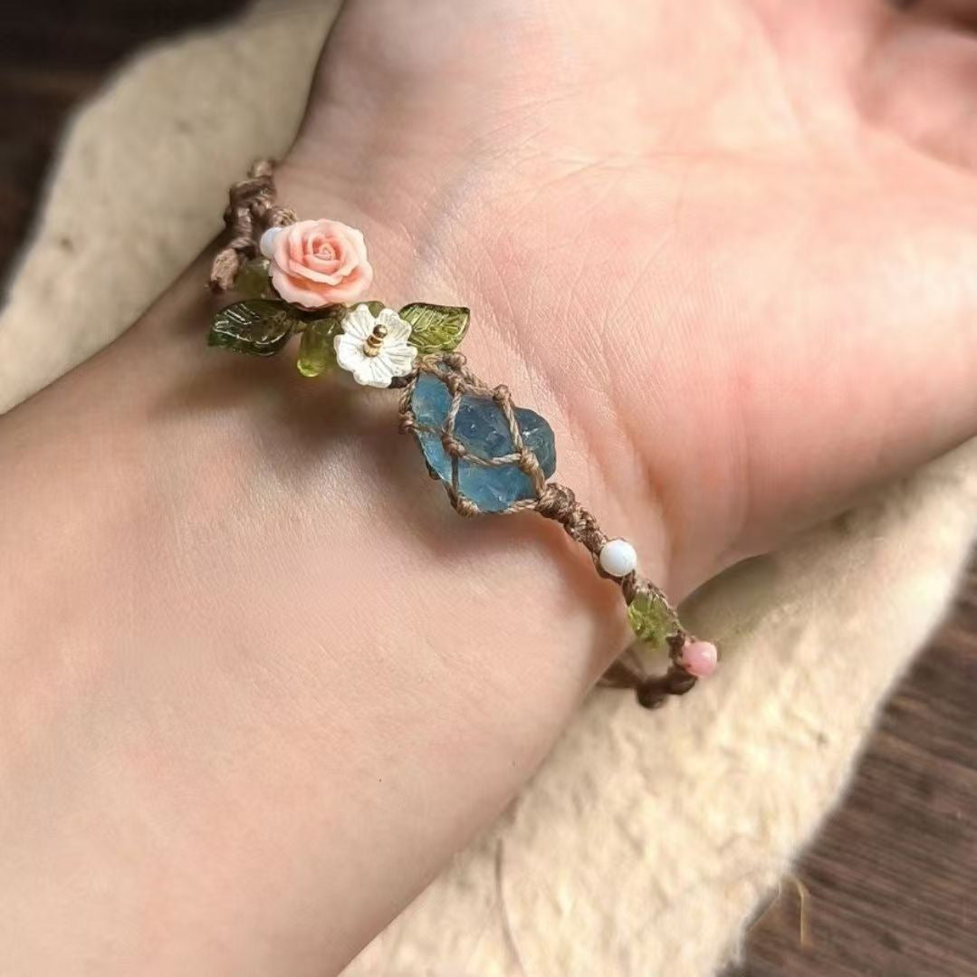 Wholesale Natural Aquamarine Raw Stone Bracelet Handwoven Rope - Stylish Gift for Besties