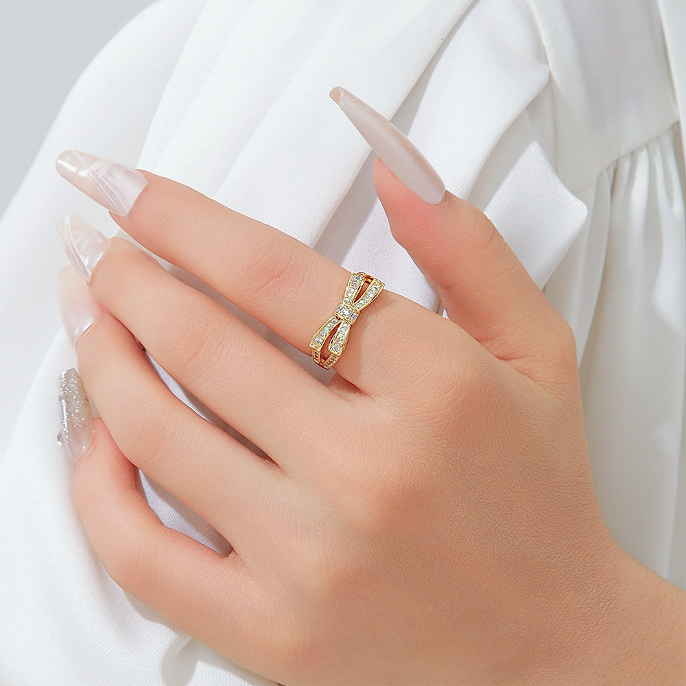 Wholesale Gold Plated Copper Zirconia Bow Ring Adjustable Open Design Fashion Jewelry Accessory For Everyday Wear
