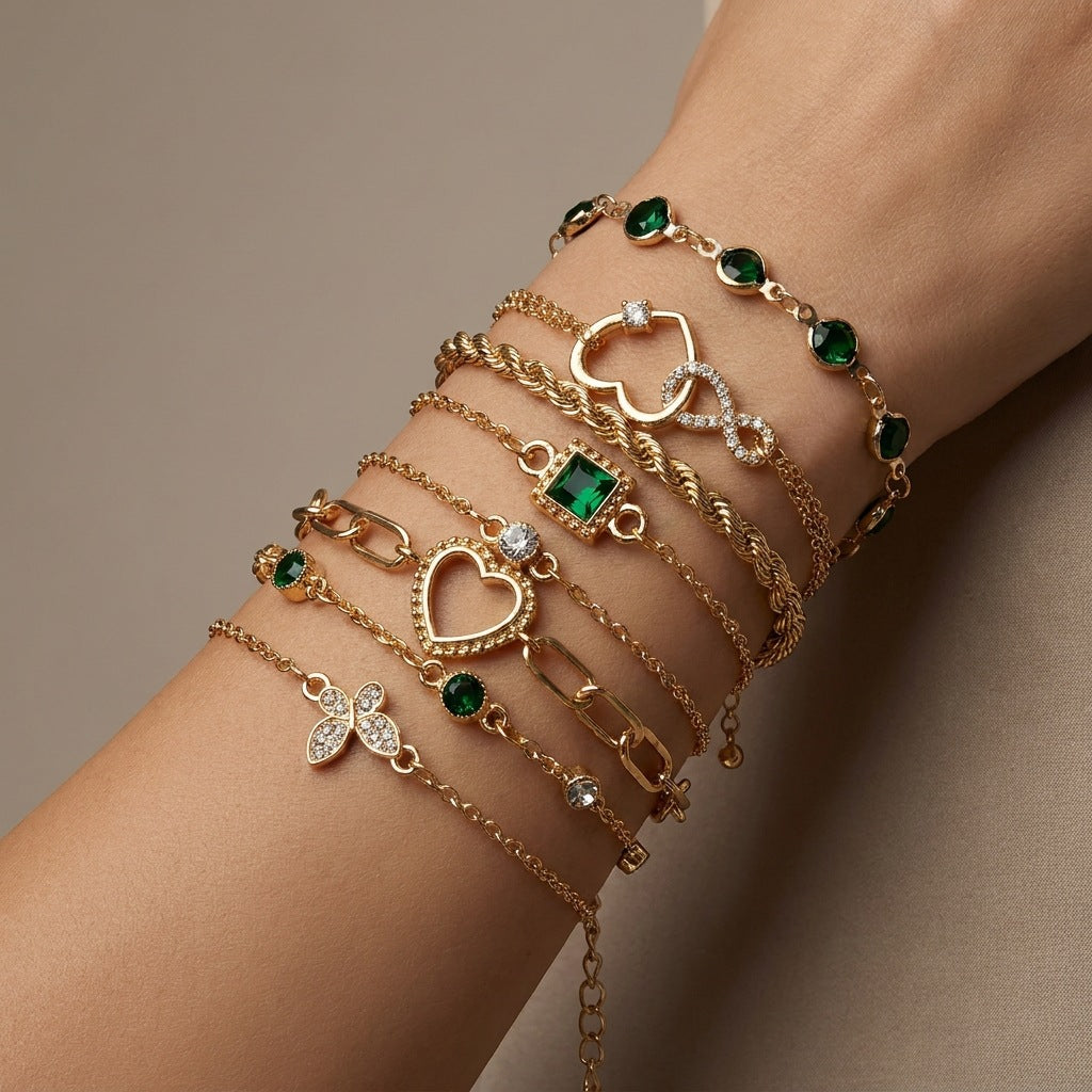 Wholesale 8 Piece Emerald Butterfly Heart Bracelet Set Fashion Jewelry Accessory For Everyday Wear And Gift Giving
