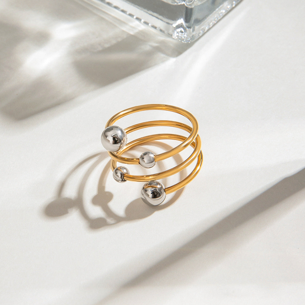 Wholesale 18k gold stainless steel gold and silver color ball three-layer opening adjustable ring