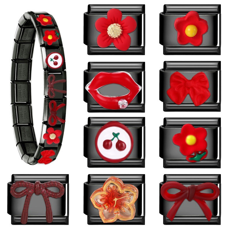 Wholesale DIY Black Stainless Steel Bracelet with Red Flowers,  Bow,  Cherry &  Lip Patchwork - Fashion Accessory
