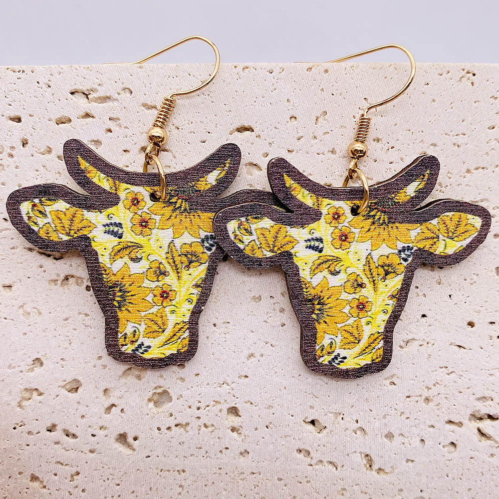 Wholesale Retro Wooden Western Bull Skull  Sunflower and Bohemian-Style Earrings