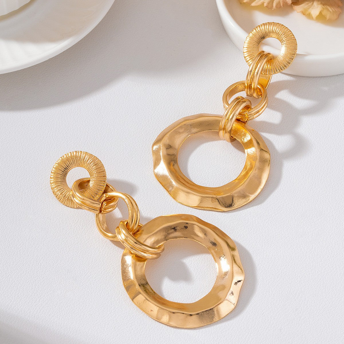 Wholesale Exaggerated Linked Pleated Ring Long Dangle Earrings Gold Plated Party Jewelry Accessory