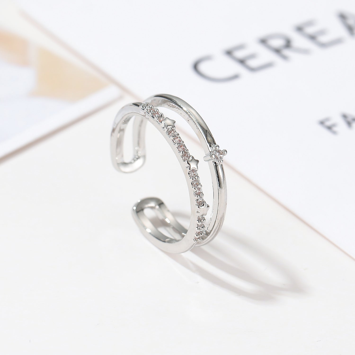 Wholesale women's double-layer minimalist zircon open adjustable stacked ring