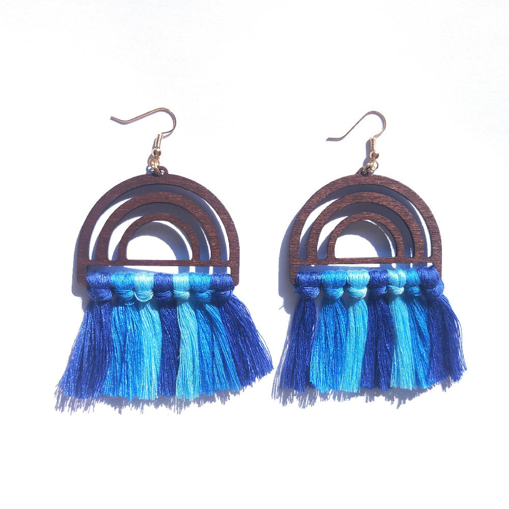 Wholesale Bohemian Handwoven Rainbow Wood Tassel Earrings ACC-ES-Jixuan004