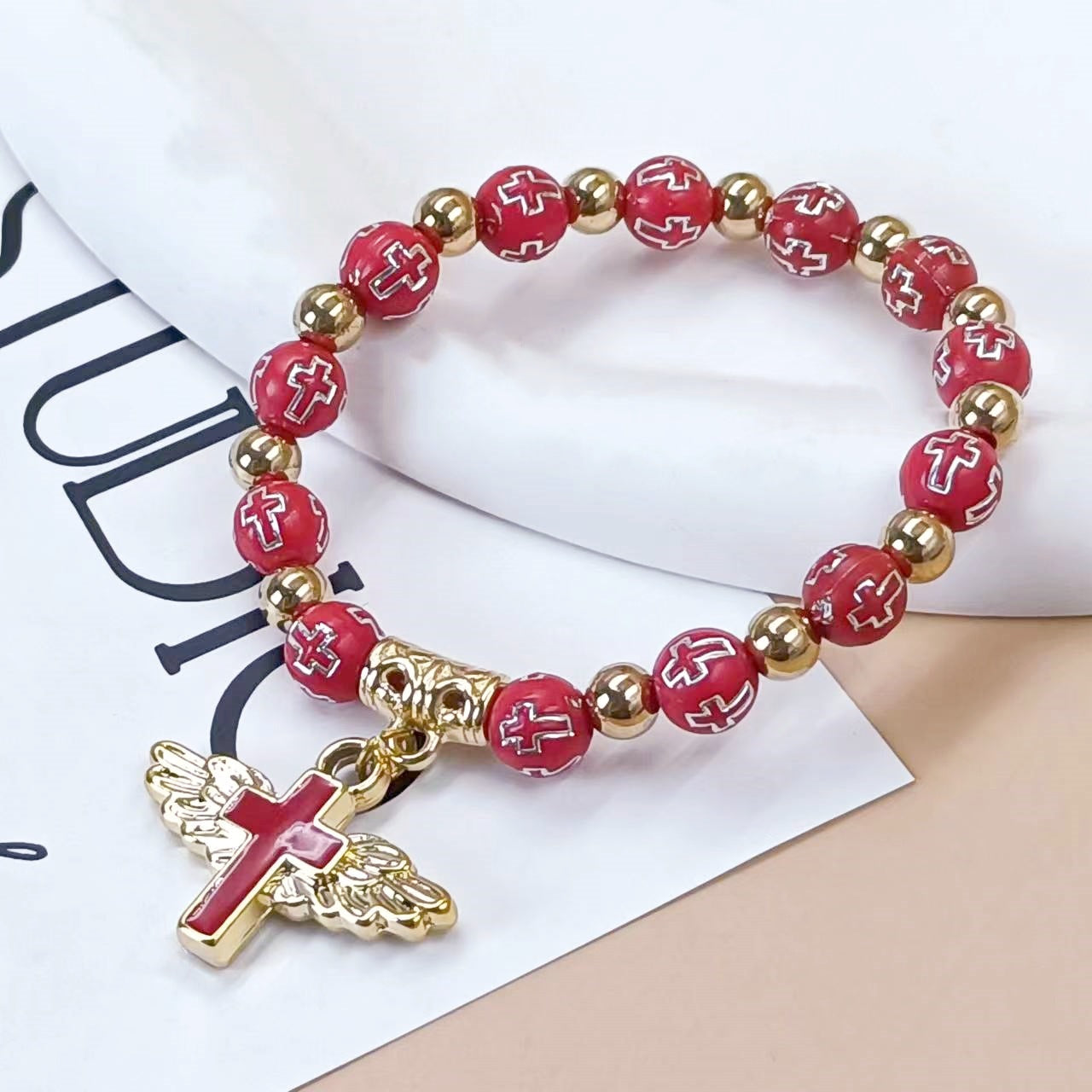 Wholesale angel wings cross beaded bracelet
