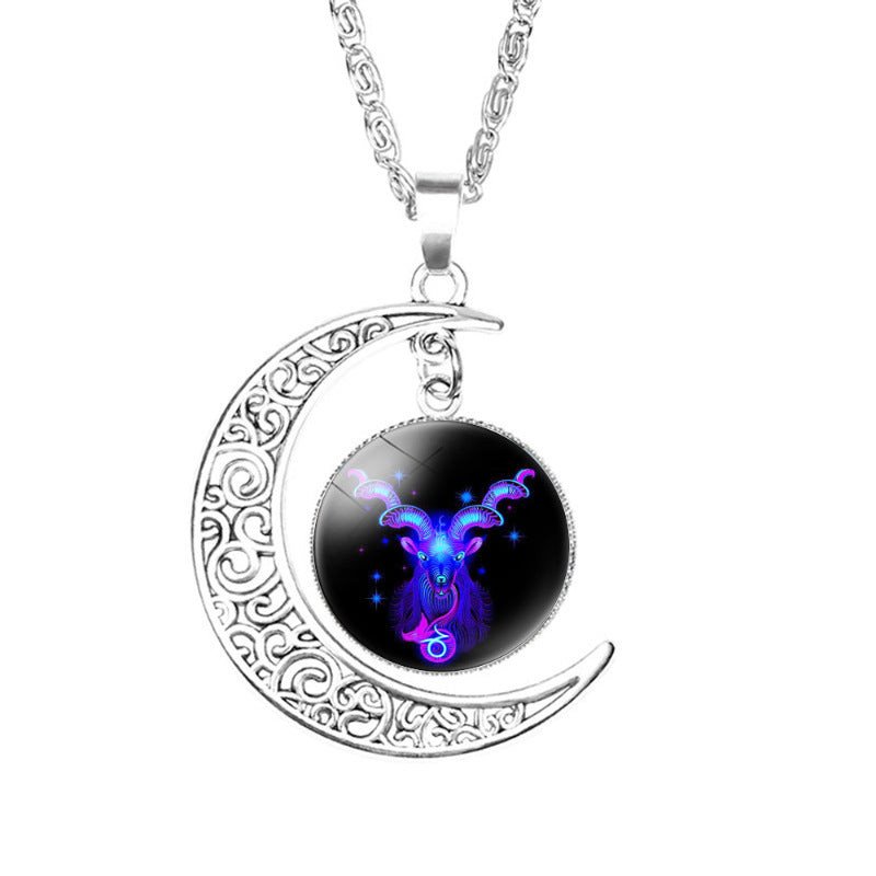 Wholesale Twelve Constellation moon necklace Time Gem crescent moon pendant with chain