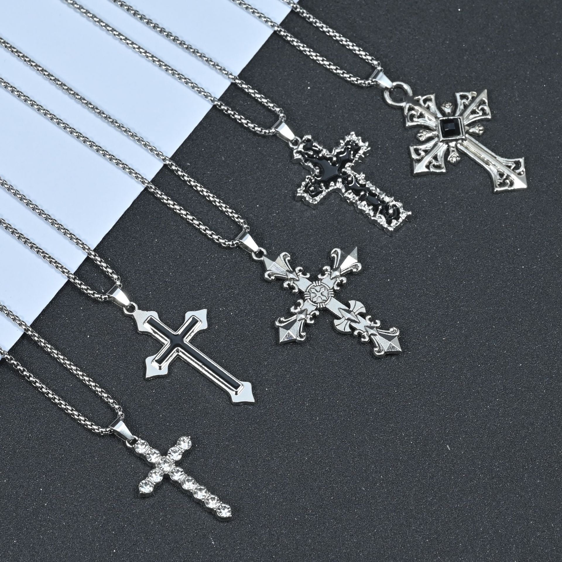 Wholesale Hip Hop Street Punk Black Cross Pendant Necklace Stainless Steel Chain Unisex Fashion Accessory