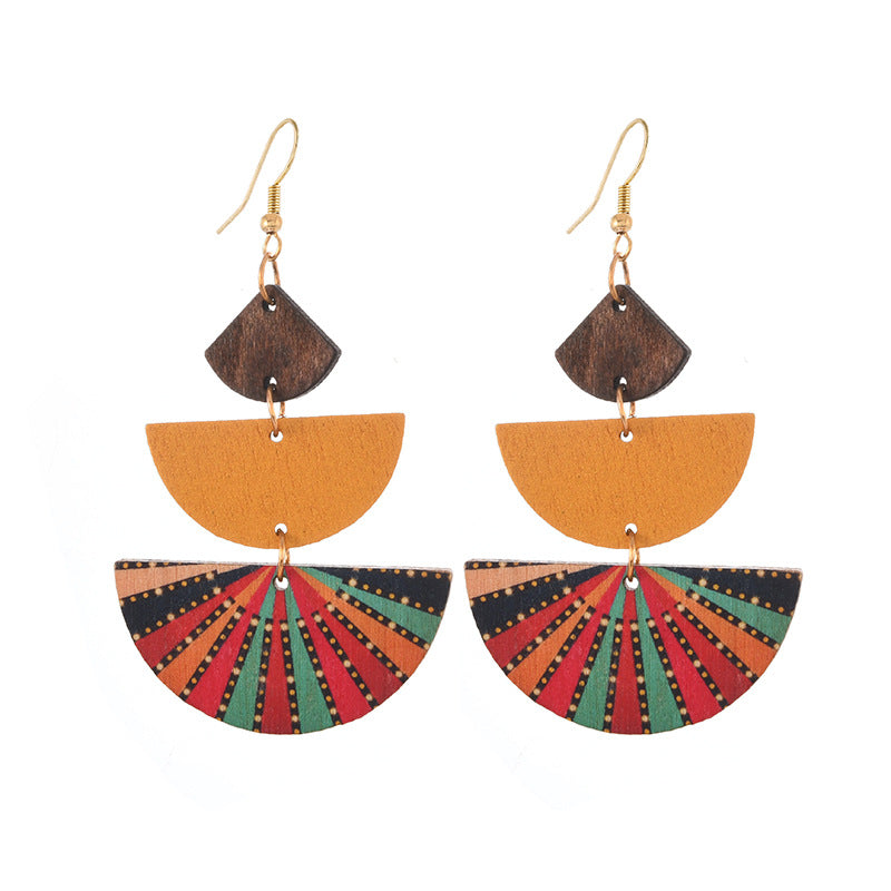 Wholesale Bohemian Wooden Ear Studs Geometric Stripe Ethnic Print Fashion Jewelry Accessory Boutique Gift