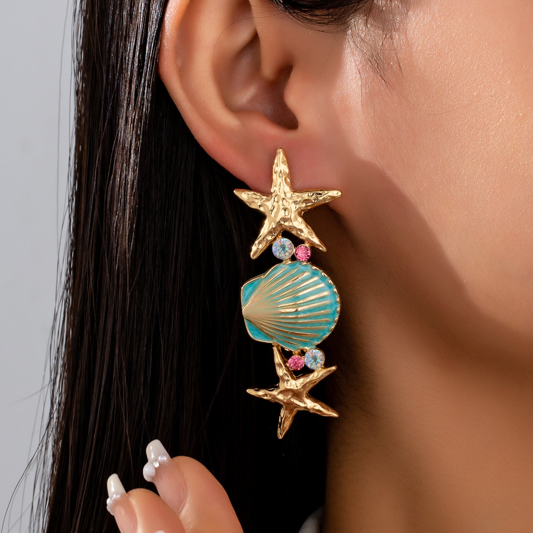 Wholesale Trendy Blue Starfish Shell Earrings Summer Beach Vacation Jewelry Accessory For Women