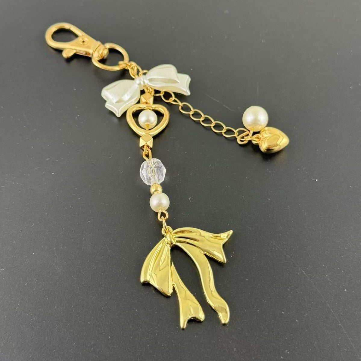 Wholesale Golden Beaded Bow Love Phone Pendant Keychains