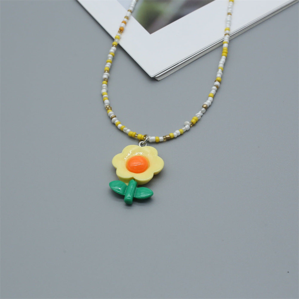Wholesale  cute girl small rice beads necklace sunflower flower pendant clavicle chain