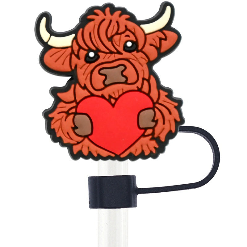 Wholesale Random 100pcs Cartoon Highland Cow  10mm PVC Soft Straw Tube Cap