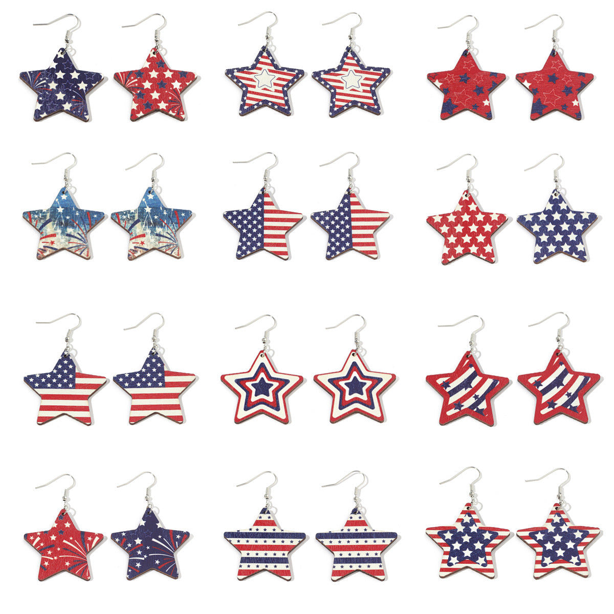 Wholesale  Independence Day US Flag Printing Stars Wooden Personalized Earrings