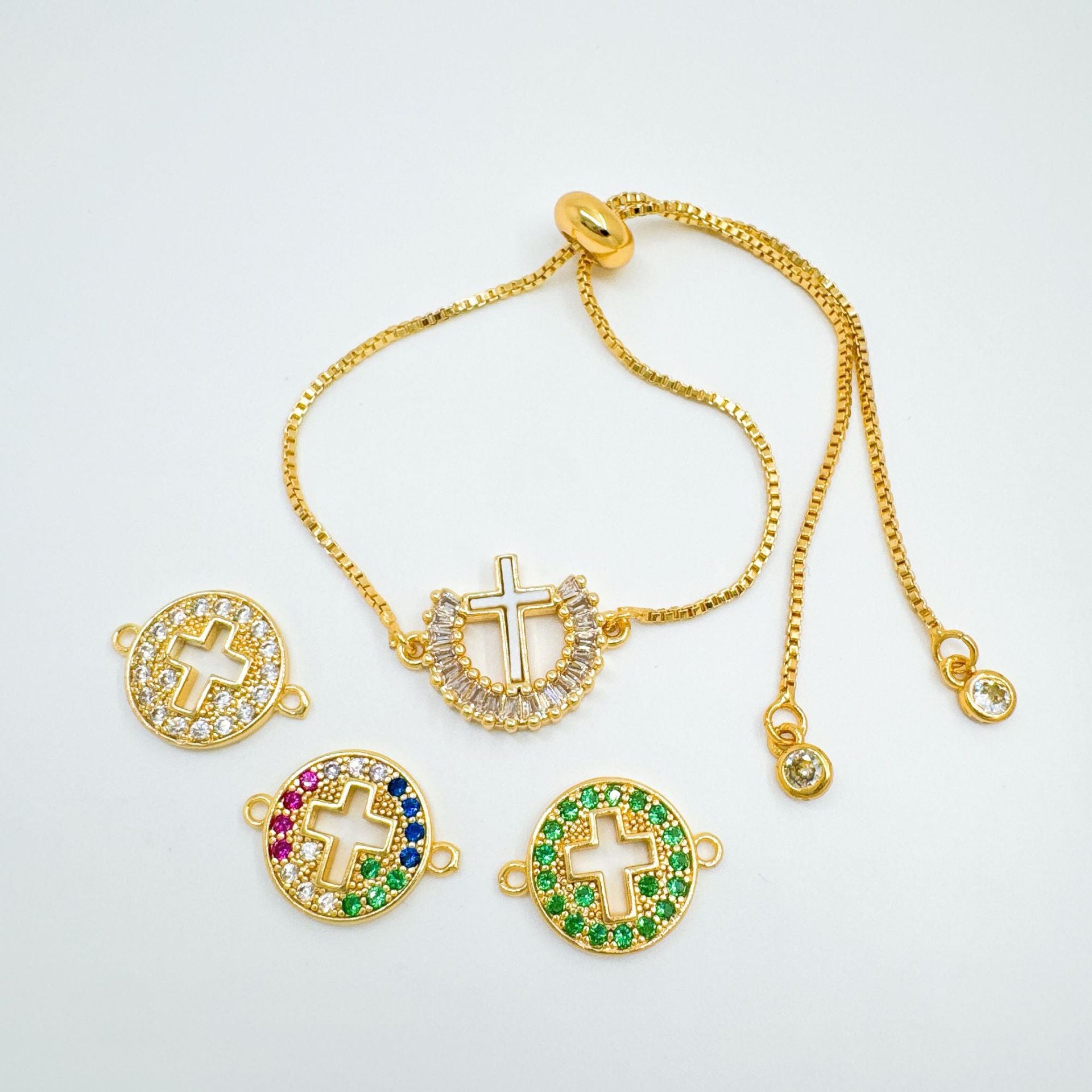 Wholesale 18K Gold Plated Copper Cross Charm Bracelet with Micro Zircon Trendy DIY Jewelry Accessory