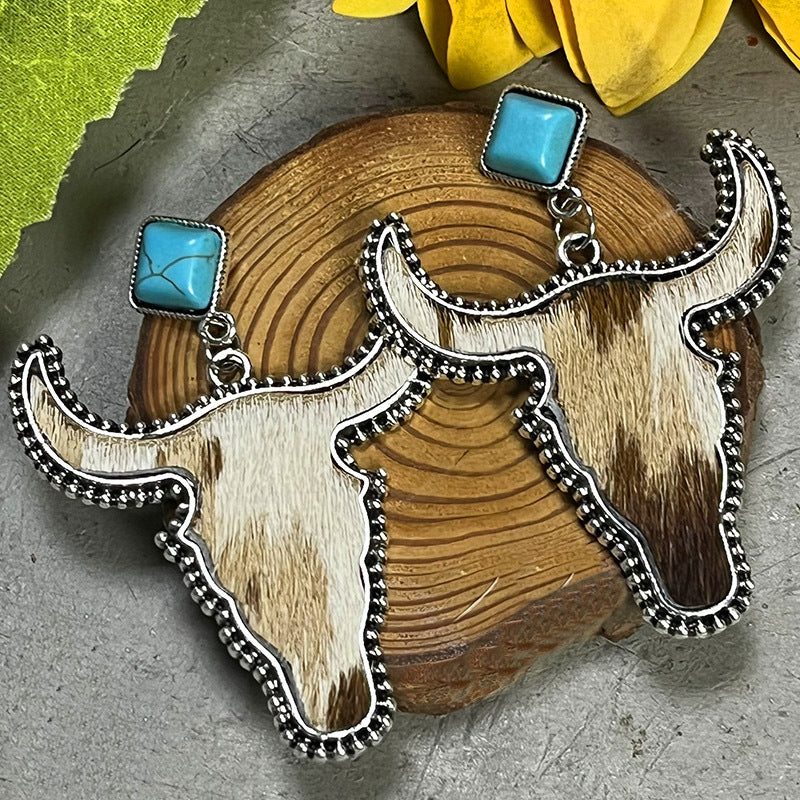 Wholesale 2PCS/ Pack Leather Western Style Horse Hair Turquoise Bull Head Earrings