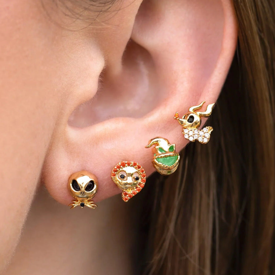 Wholesale Halloween Plated 18K Real Gold Cartoon Pumpkin Ghost Zircon Earrings suit