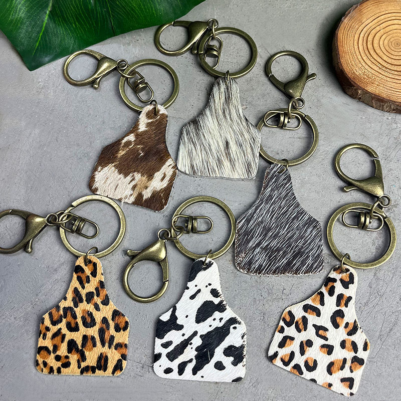 Wholesale of 2pcs/pack Western Denim Genuine Leather Leopard Print Cow Pattern Keychain ACC-KC-HY005