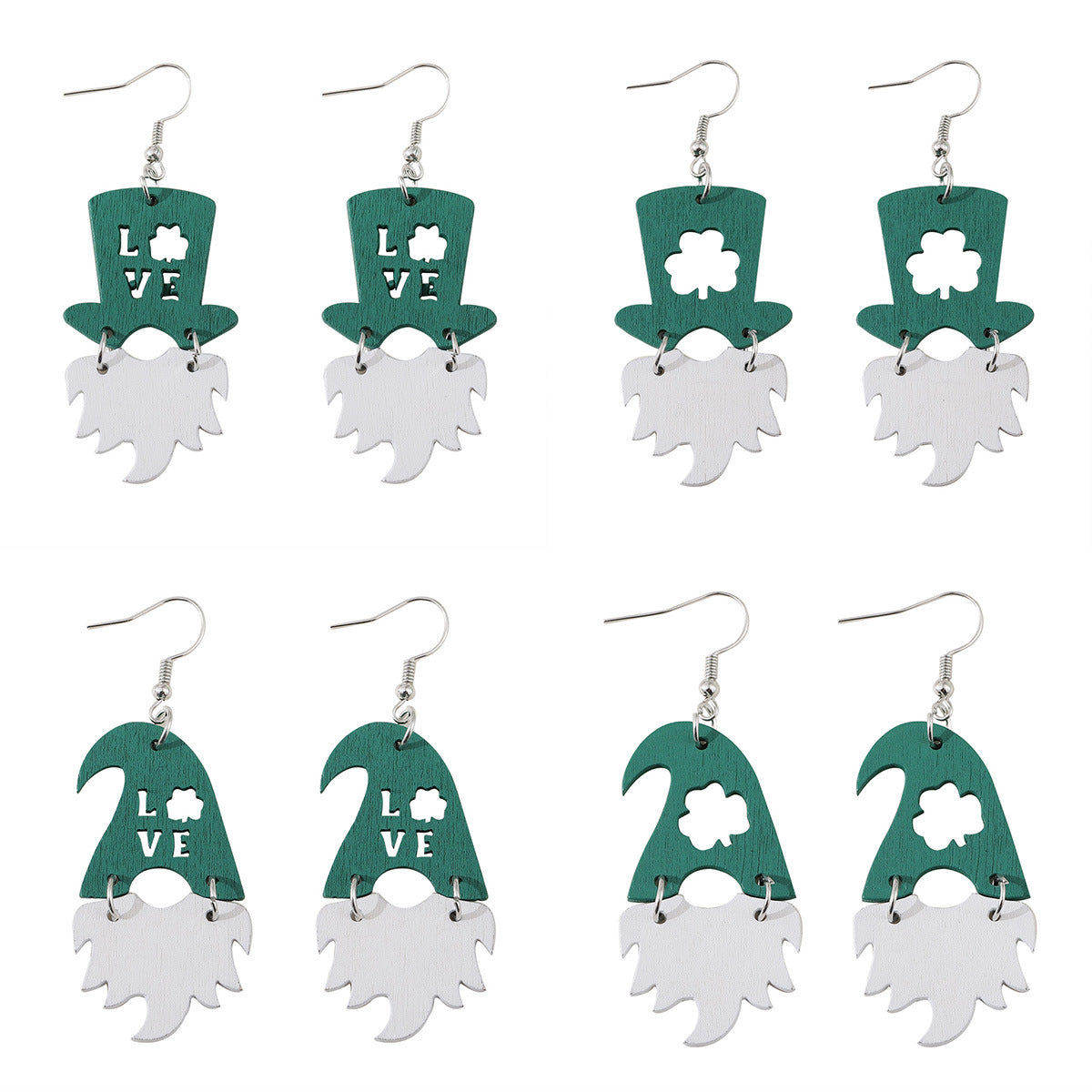 Wholesale St Patrick's Day green hat dwarf beard  LOVE wooden double-sided earrings