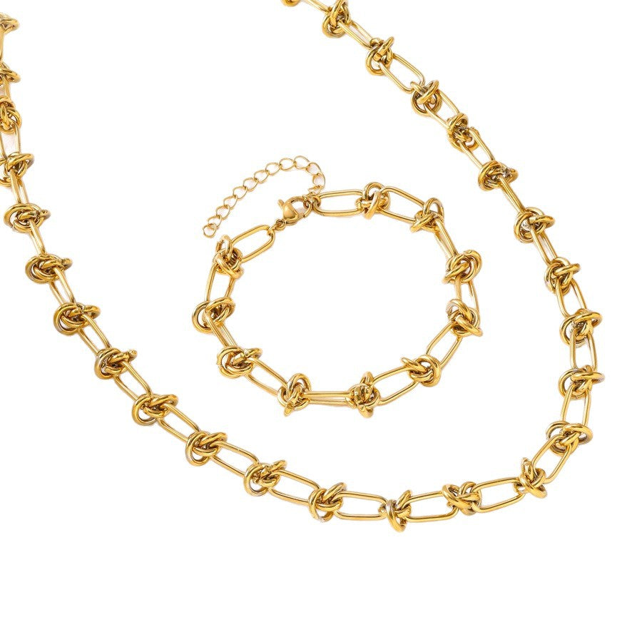 Wholesale Fashion 18K Gold Knotted Titanium Steel Hand Necklace Set Hip-Hop Punk Wisteria Chain Stainless Steel Jewelry