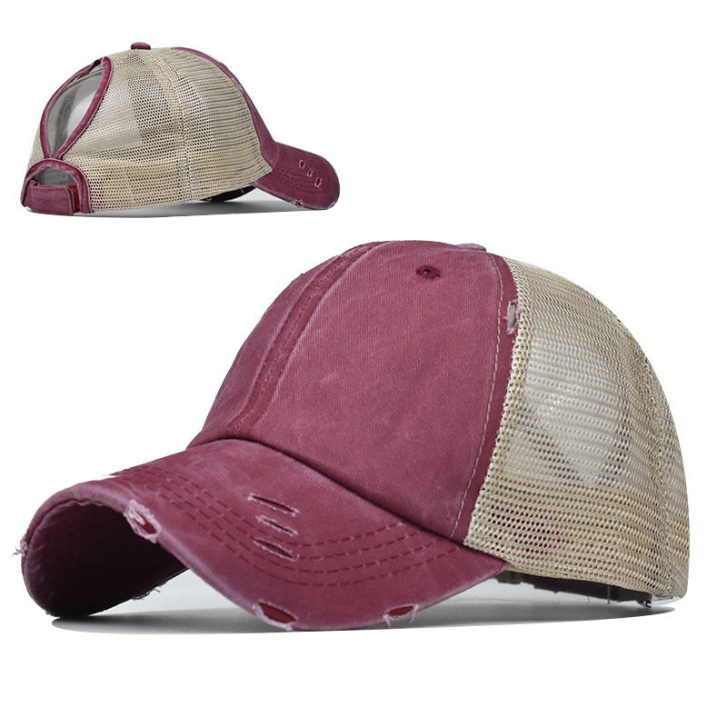 Wholesale Fashion Distressed Ponytail Baseball Cap For Women Curved Brim Adjustable Mesh Sun Hat Outdoor