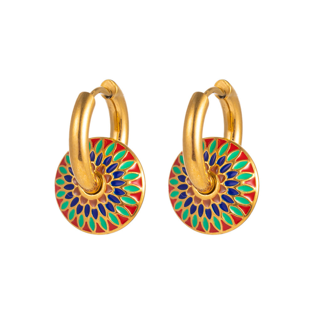 Wholesale Retro Light Luxury Necklaces Drip Glaze Daisy Titanium Steel Necklace Earrings Set ACC-NE-Tais009