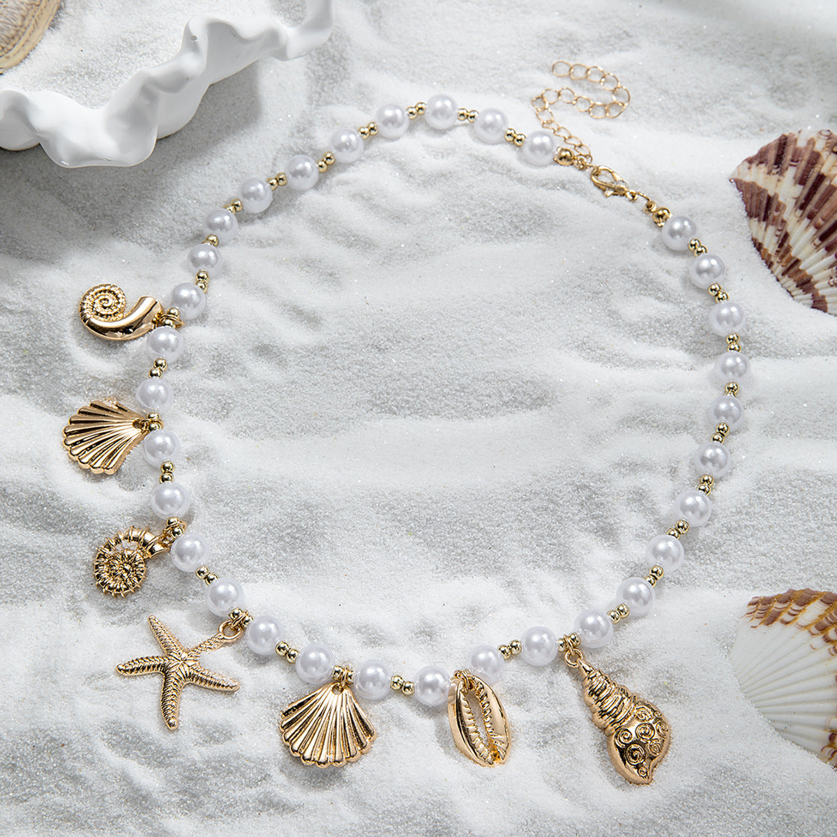Wholesale Bohemian holiday style alloy starfish alloy conch alloy shell necklace