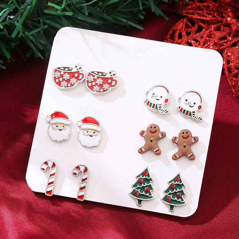 Wholesale Christmas Earrings Combination Cartoon Holiday Alloy Oil Dropping Elk Elk Elder Bell Earrings suit