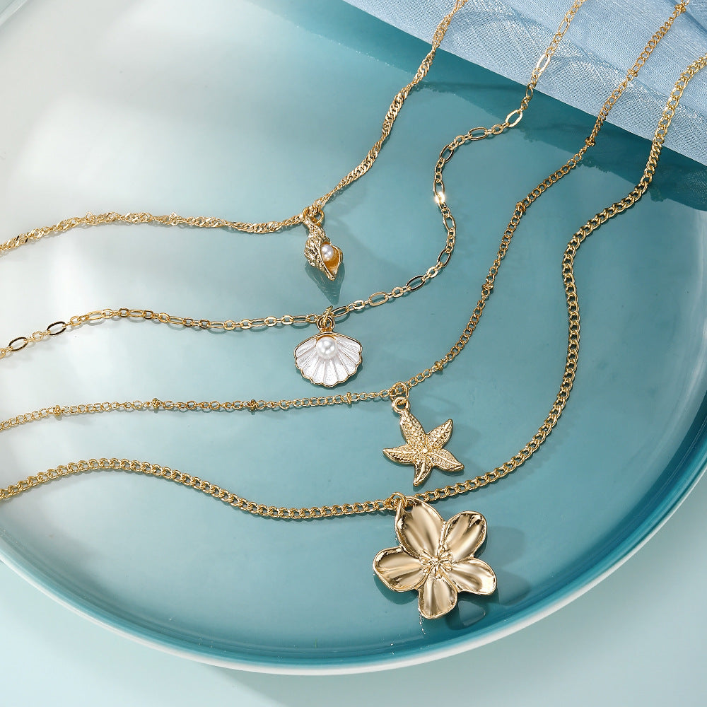 Wholesale Ocean Pearl Starfish Shell Pendant Stackable Layered Necklaces For Women Trendy Fashion Accessory Gift