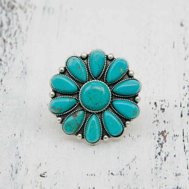 Wholesale Retro Bohemian Turquoise Flower Ring Antique Silver Adjustable Open Band Fashion Jewelry Accessory For Boutique Resale