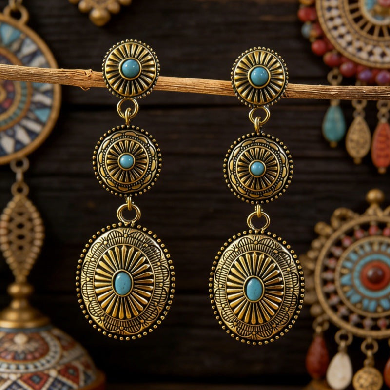 Wholesale Alloy Ancient Silver Long Drop Earrings Retro Western Ethnic Style Jewelry Accessory for Everyday Wear