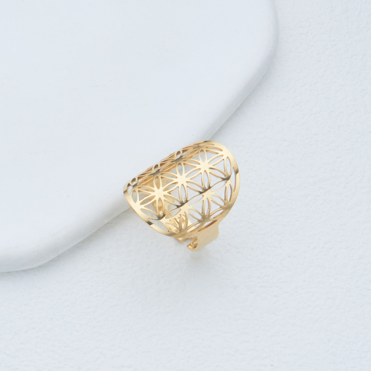 Wholesale stainless steel Flower of Life Golden Silver Hollow adjustable open ring